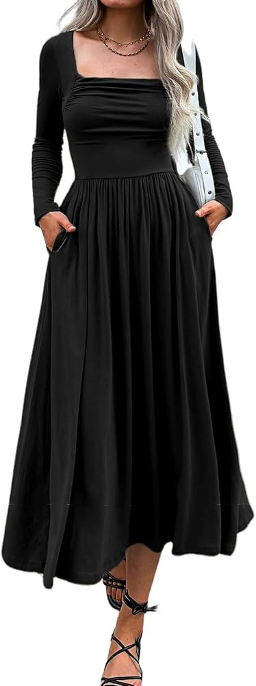 Mieazom Women Long Sleeve Casual Maxi Dress Smocked Fall Dresses Pockets | Amazon (US)