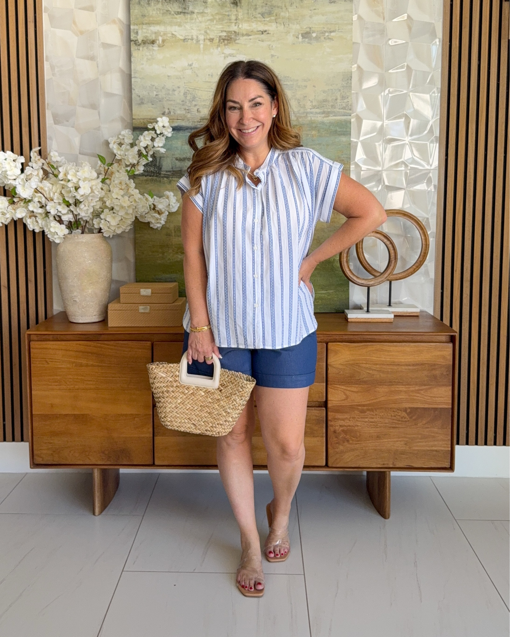@loft Button-up — oversized striped camp shirt over chino shorts. perfect for a casual farmers-market Saturday! 📏 Sizing: top runs oversized wearing large // shorts tts, 12

#LTKOver40 #LTKSaleAlert #LTKMidsize