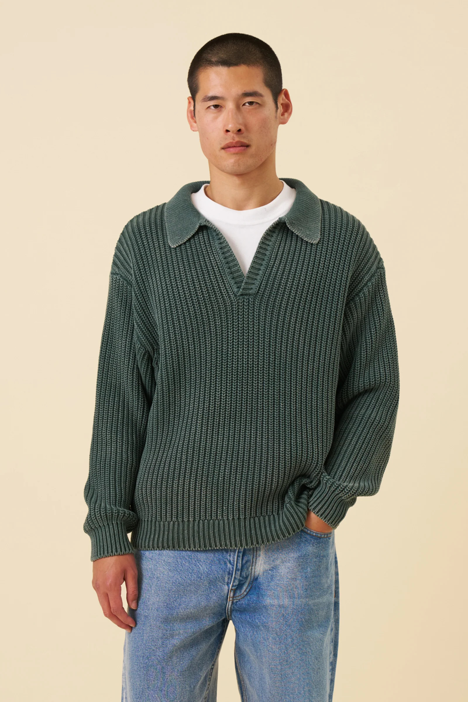 OPEN COLLAR ACID WASH KNIT - GREEN | bound clothing