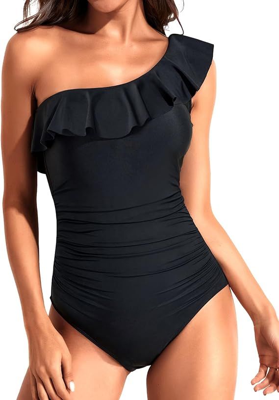 Tempt Me Women One Piece Swimsuits Tummy Control One Shoulder Bathing Suits Ruffle Swimwear | Amazon (US)