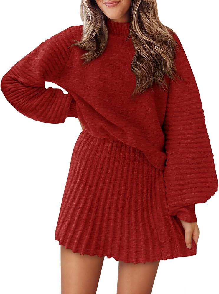 Womens 2 Piece Skirt Sets Fall Fashion 2025 Mock Neck Ribbed Knit Sweaters And Mini Skirt Two Pie... | Amazon (US)