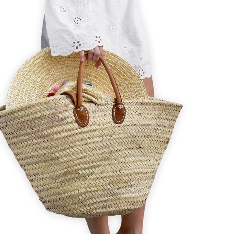 FRENCH BASKET with double flat leather handles, straw bag, beach bag, basket bag, shopping basket... | Amazon (US)