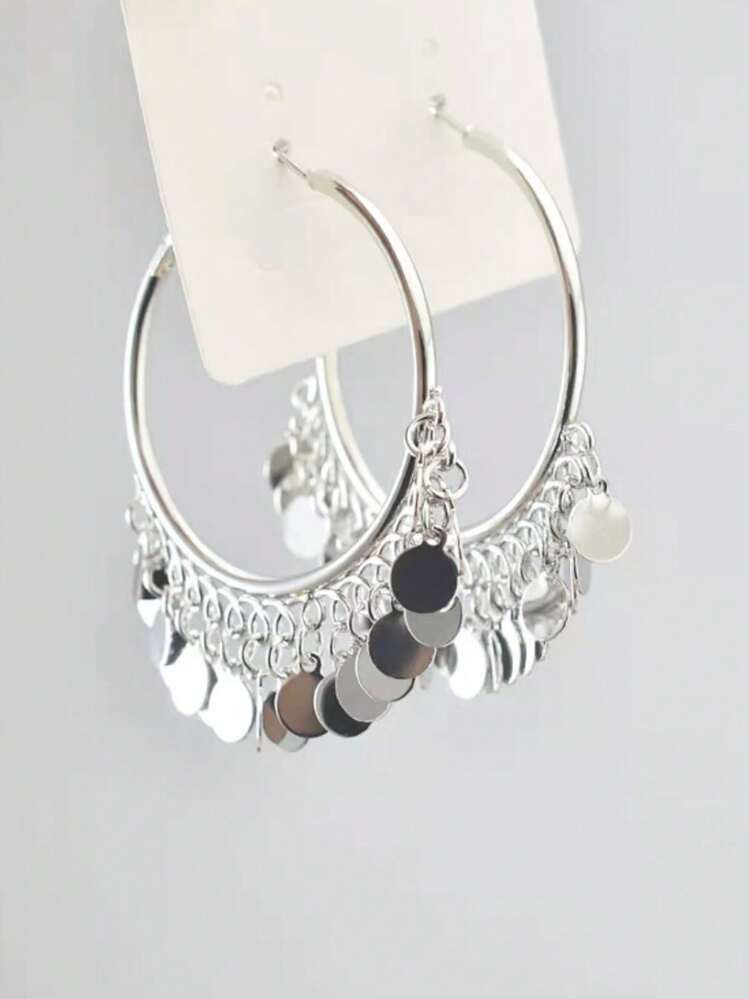 1pair Disc Charm Earrings Fashion Gemetric Round Pendant Large Hoop Earring For Women Sexy Look | SHEIN