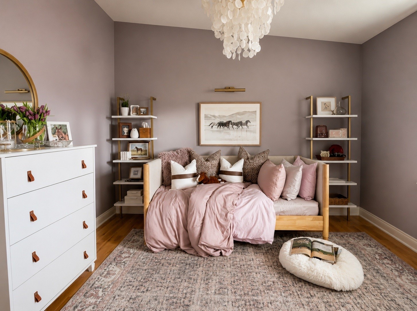 A soft and sophisticated teen bedroom makeover with the prettiest mix of mauve, lavender, and purple tones. 💜 

This equestrian-inspired space was designed to feel cozy, elevated, and personal while still being functional for everyday life. 

We layered in beautiful home decor details like a tailored daybed, a cozy club chair, patterned curtains with a soft floral print, warm leather accents, and classic black-and-white horse artwork for a timeless collected feel.

The custom curtains with print pattern add so much softness and movement to the room, while the mauve walls create the dreamiest backdrop for this feminine yet classic design. 

Every detail was thoughtfully selected to give this teen bedroom a polished, designer feel without losing comfort and personality.
If you love timeless teen bedroom ideas, equestrian style interiors, purple bedroom inspiration, layered home decor, cozy reading corners, and elegant girls room makeovers… this one is full of inspiration ✨

#LTKHome