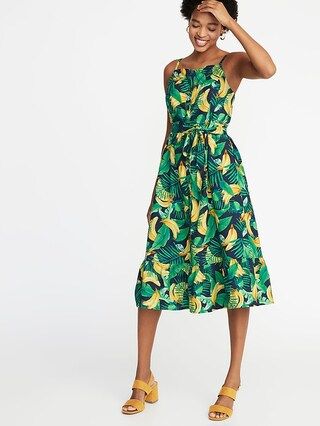 Tie-Belt Square-Neck Banana-Print Midi Dress for Women | Old Navy US