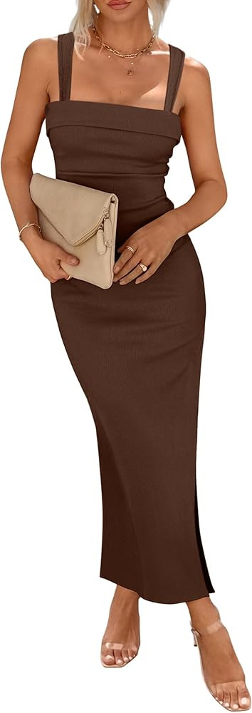 IHOT Women's 2024 Summer Bodycon Maxi Dress Square Neck Sleeveless Side Slit Ribbed Knited Casual... | Amazon (US)