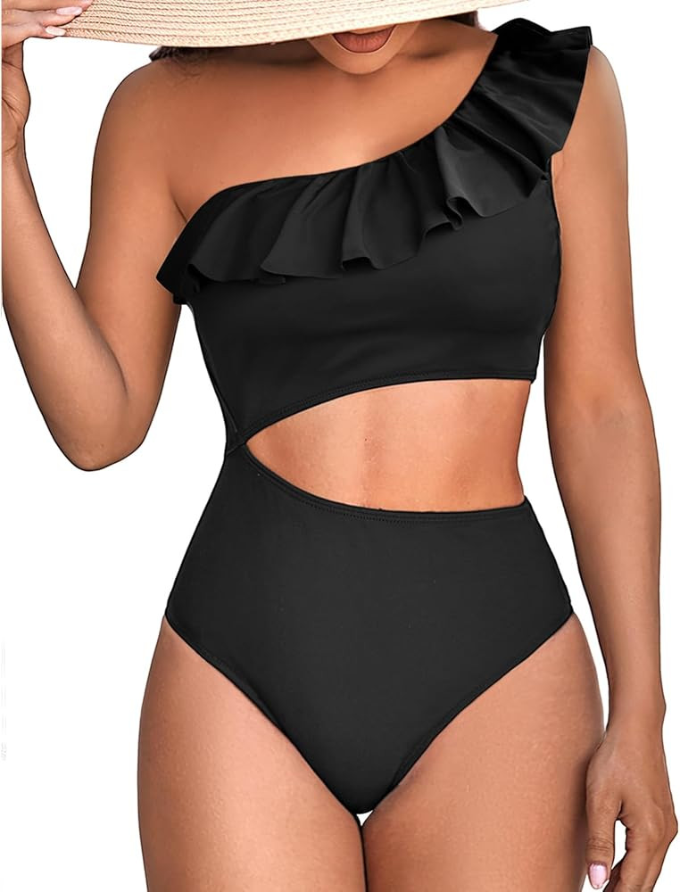 Women One Piece Cutout Swimsuits - One Shoulder Ruffle Cut Out Bathing Suit Swimwear Monokini 202... | Amazon (US)