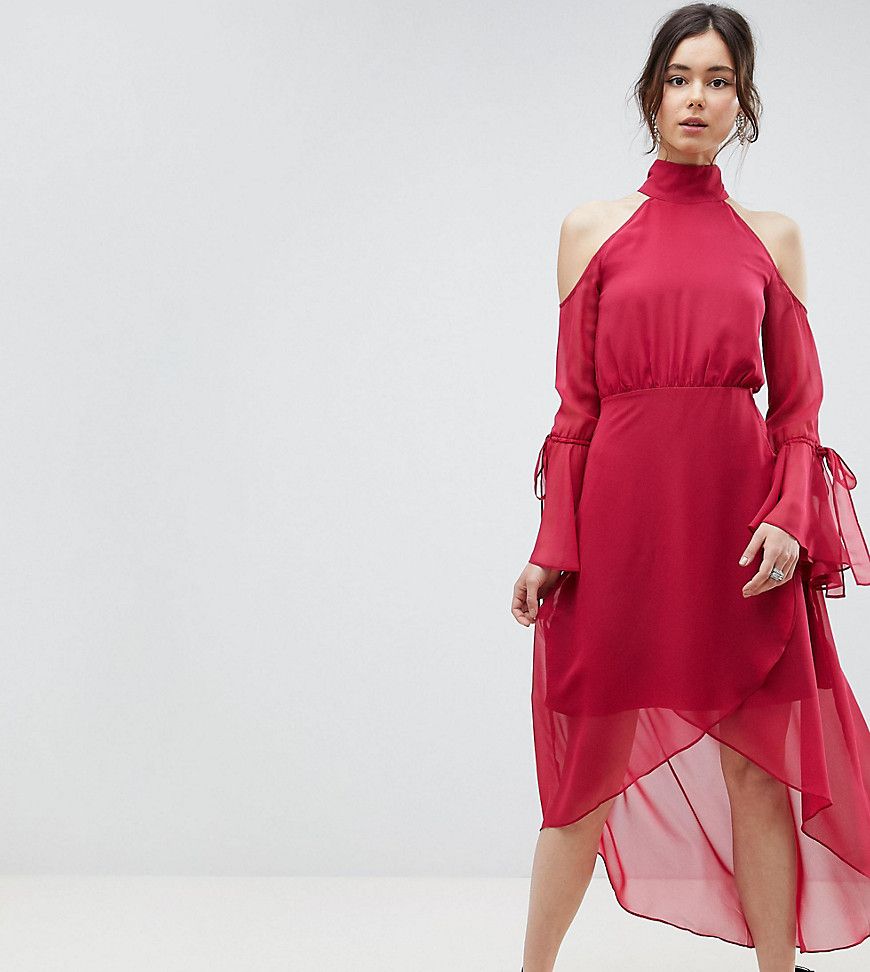 True Decadence Tall Premium Cold Shoulder Wrap Front Midi Dress With Fluted Sleeve Detail - Pink | ASOS US