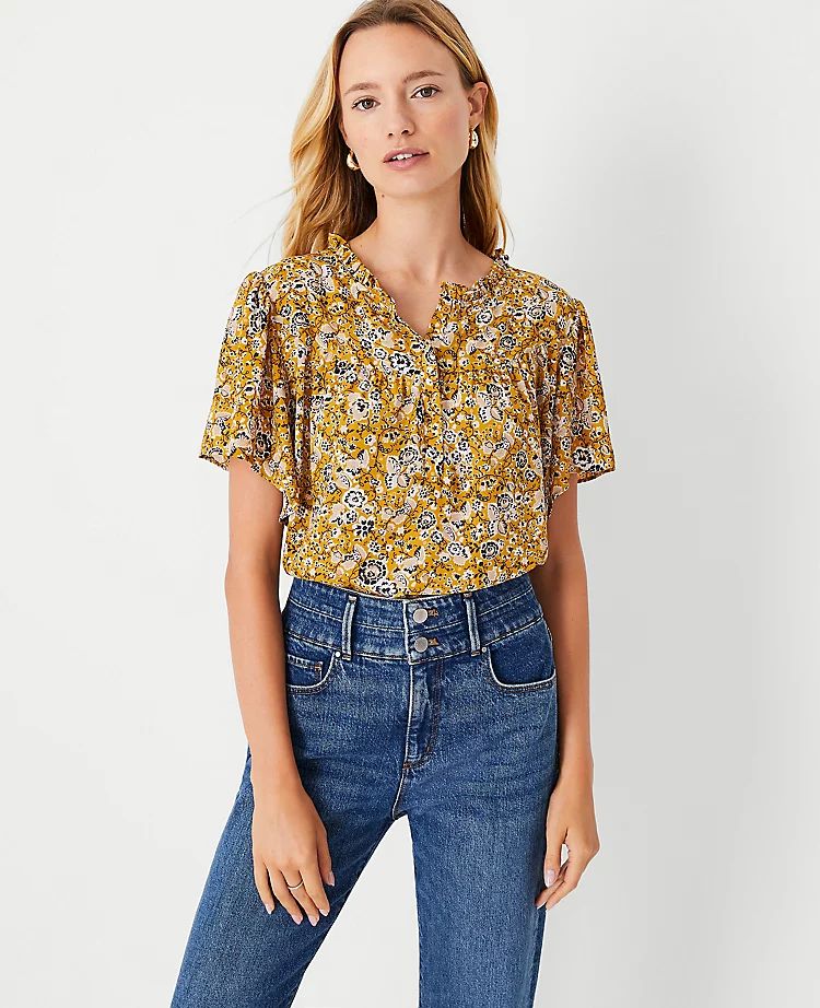 Heritage Floral Mixed Media Ruffle Neck Top | Ann Taylor (US)