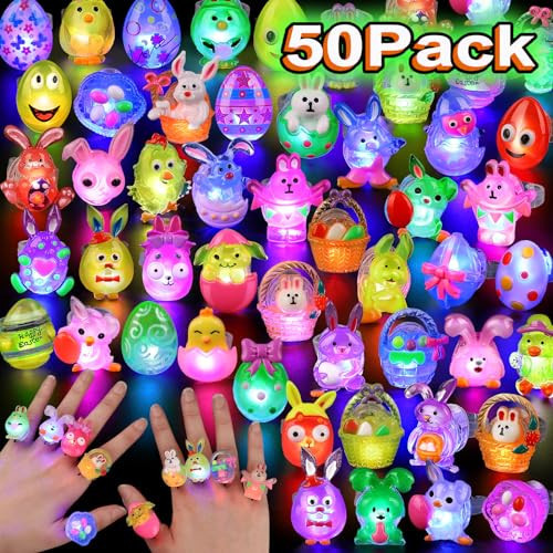 NPET 50Pcs Easter Egg Fillers LED Easter Light Up Rings Party Favors Easter Basket Stuffers Glow In The Dark Rings Easter Egg Non Candy Fillers Party Supplies Easter Toys in Bulk Kids | Amazon (US)