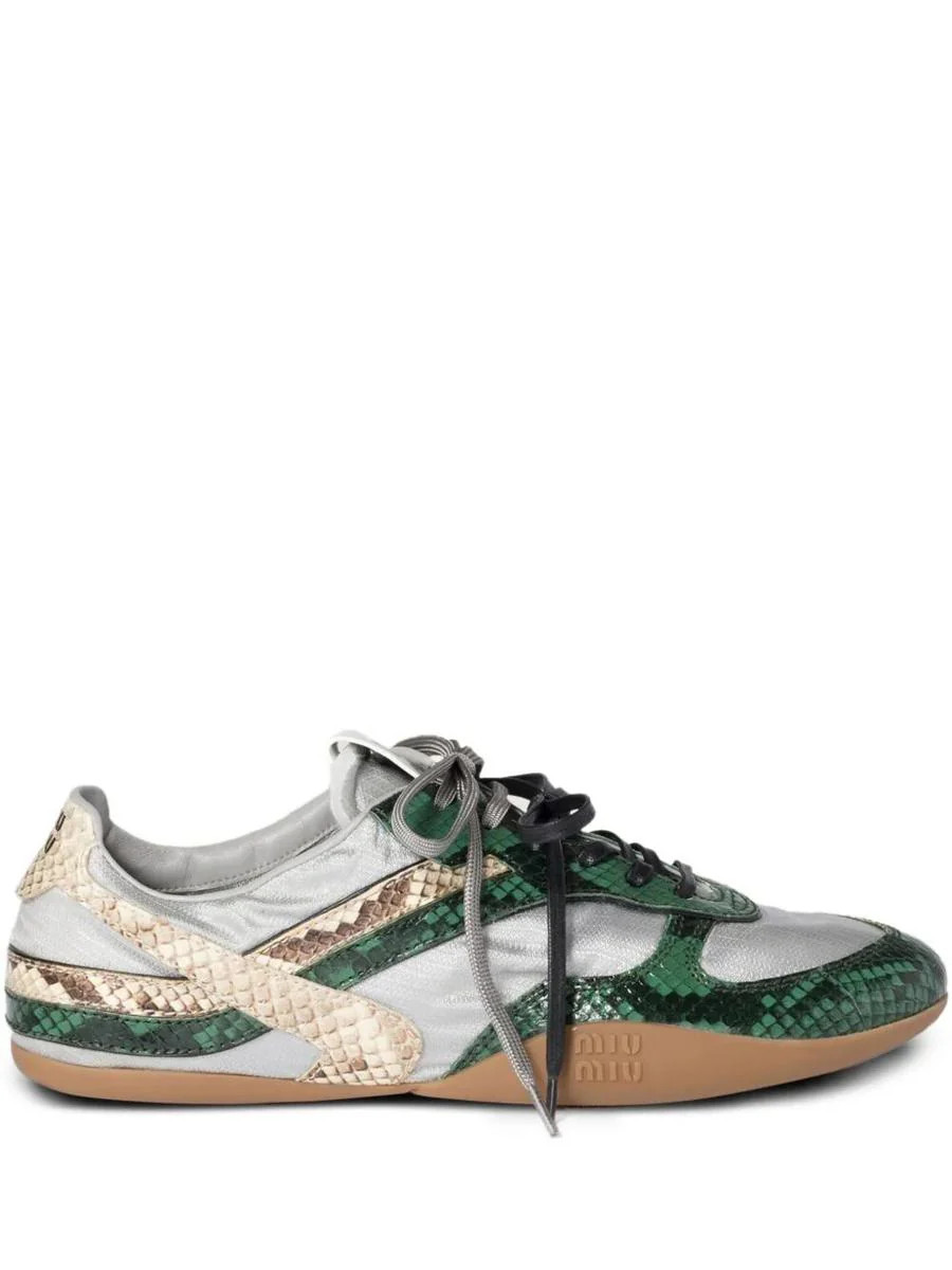 Miu Miu Gymnasium Technical Fabric And Python-Print Ayers Leather Sneakers Shoes | Baltini
