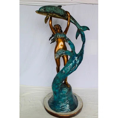 Nifao Bronze Mermaid Fountain Statue – Enchanting Mermaid Lifting Dolphin Sculpture with Flowing Water Feature – Handcrafted Lost Wax Casting with Mul | Wayfair North America