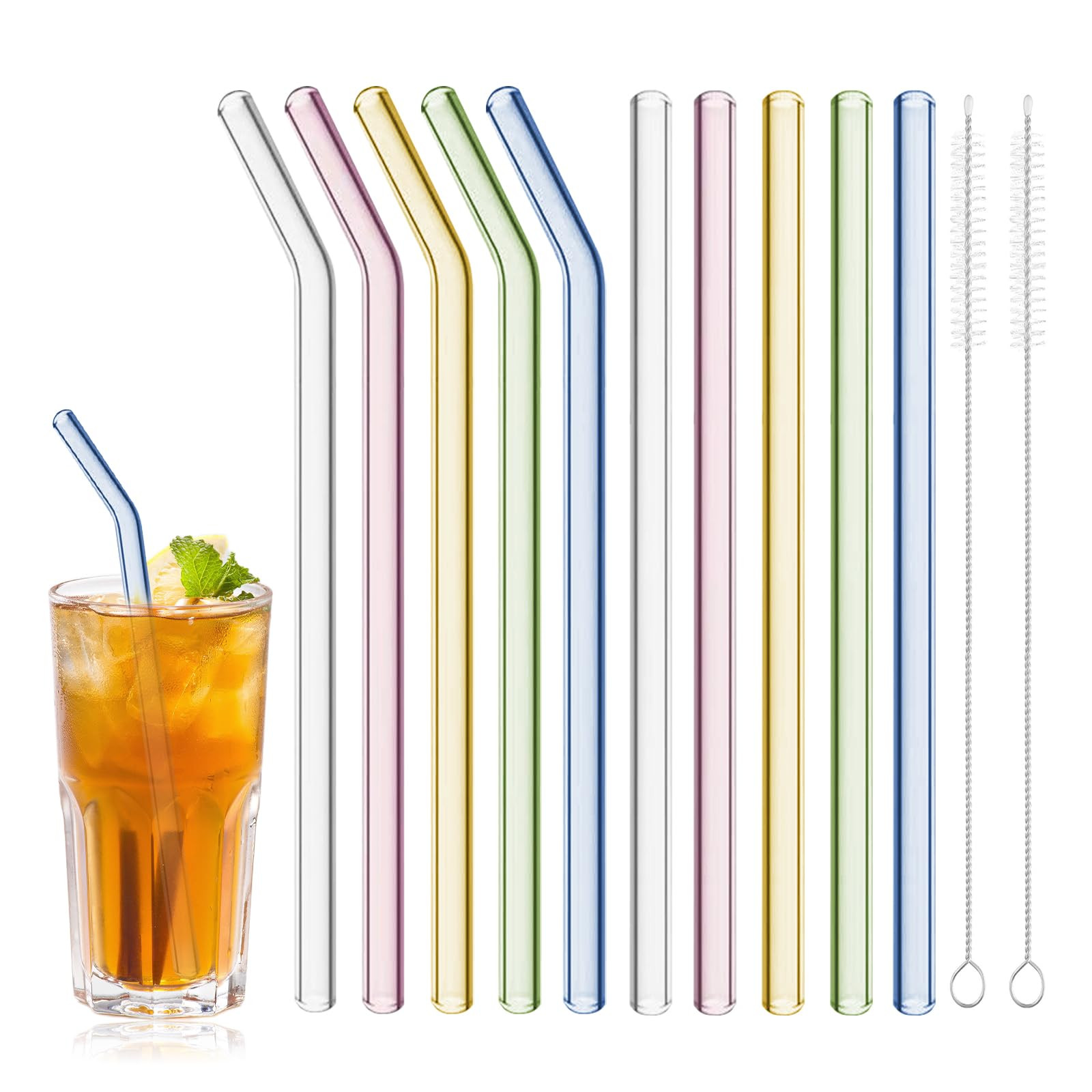 8” L Reusable Glass Straws Shatter Resistant, 10 Pcs Colorful Glass Drinking Straws with 2Pcs C... | Amazon (CA)