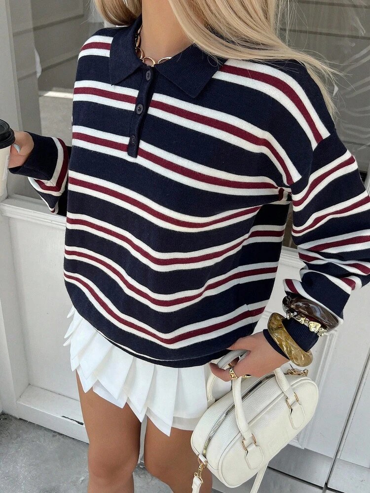 Livesso Women's Autumn Retro Striped Turtleneck Sweater | SHEIN