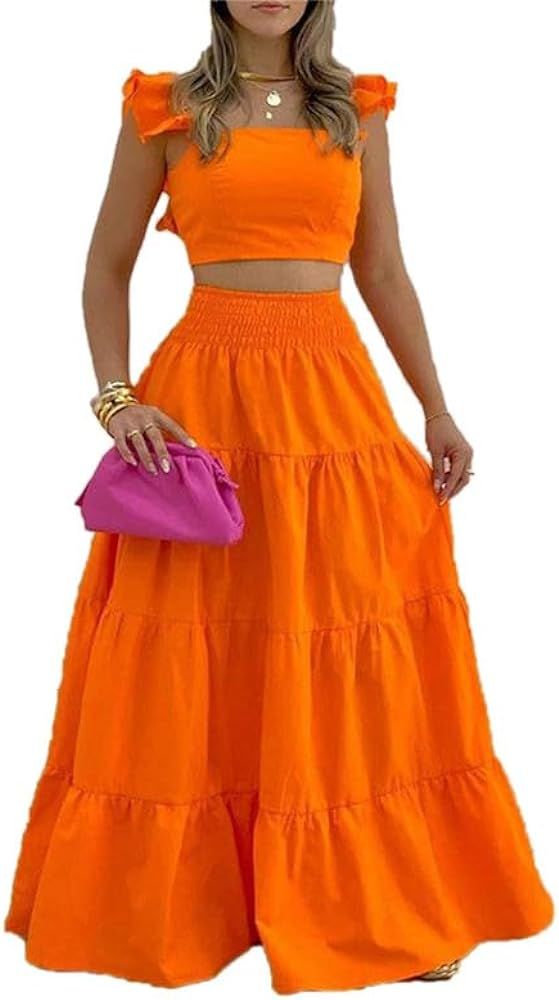 Women's Two Piece Summer Outfits Sexy Cami Crop Top Maxi Skirt Set Long Dress Sets | Amazon (US)