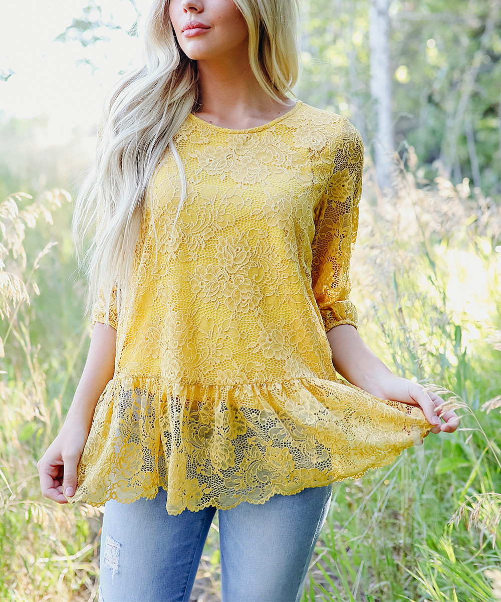 DaniRae Women's Blouses Yellow - Yellow Lace Peplum Top - Women | Zulily