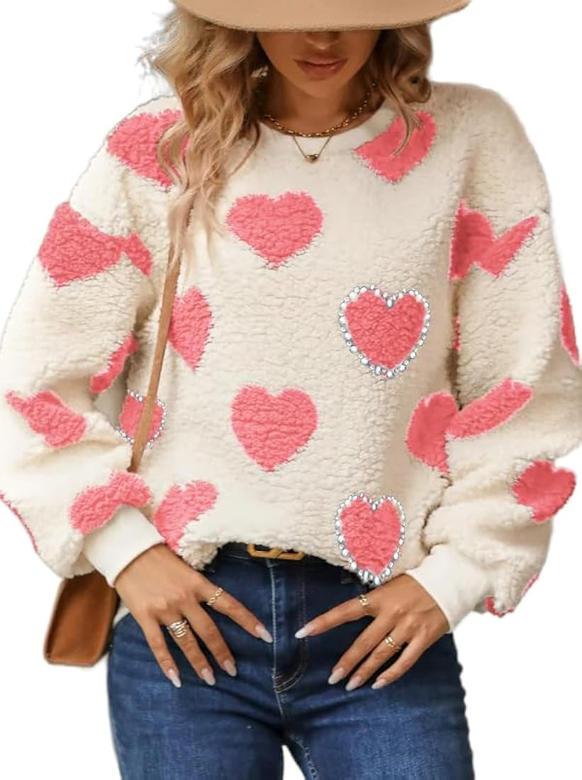 Akivide Womens Oversized Heart Pearls Rhinestones Embellished Sherpa Fleece Warm Sweater, Fuzzy P... | Amazon (US)