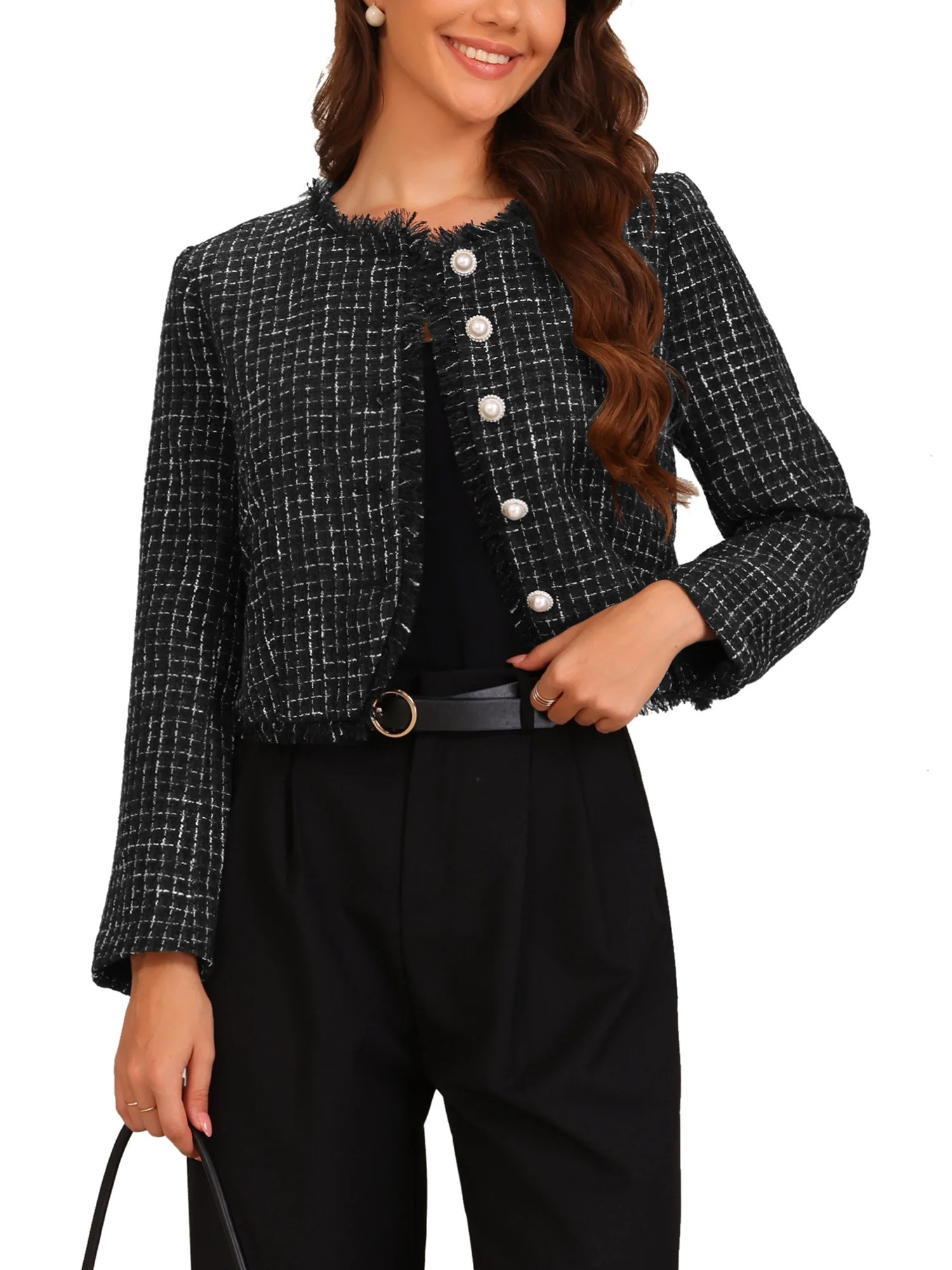 INSPIRE CHIC Plaid Tweed Jacket for Women's Crew Neck Button Up Elegant Work Jackets | Walmart (US)