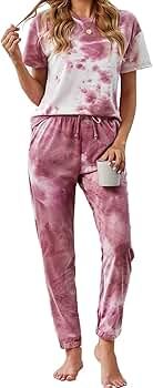 KIRUNDO Women's Two Piece Pajamas Set Tie Dye Printed Short Sleeves T-Shirt Long Pants Joggers Sl... | Amazon (US)