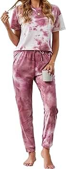KIRUNDO Women's Two Piece Pajamas Set Tie Dye Printed Short Sleeves T-Shirt Long Pants Joggers Sl... | Amazon (US)