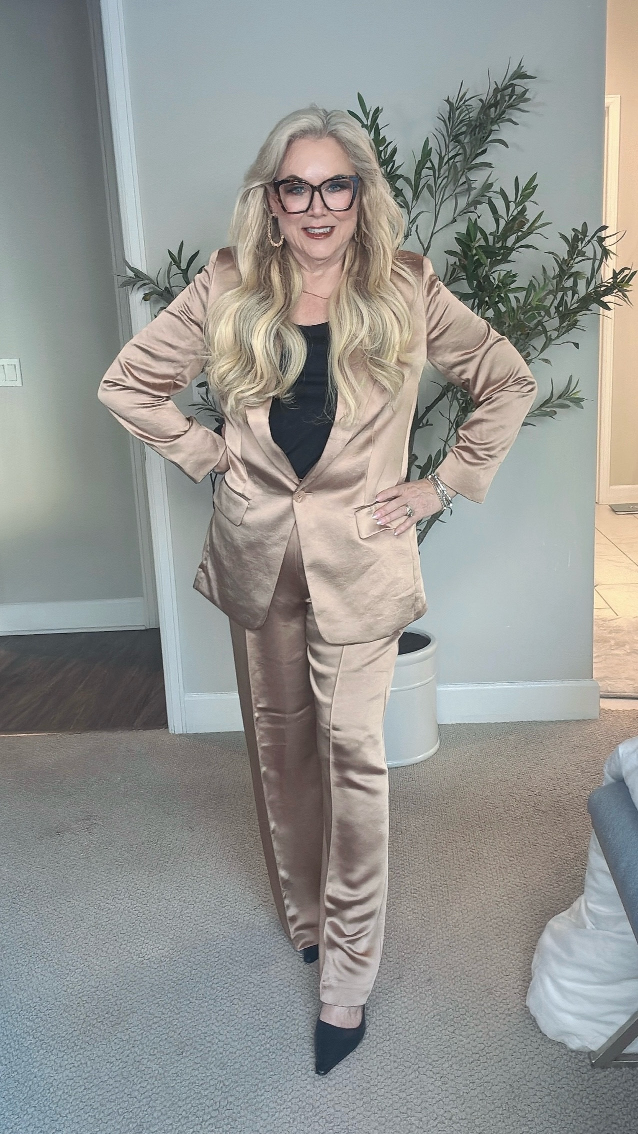 Love this gorgeous satin pantsuit for work or an elegant evening out! Pant size medium, and jacket is size large. Stock is running low, so make sure to grab these while you can! 

#LTKOver40 #LTKWorkwear #LTKShoeCrush