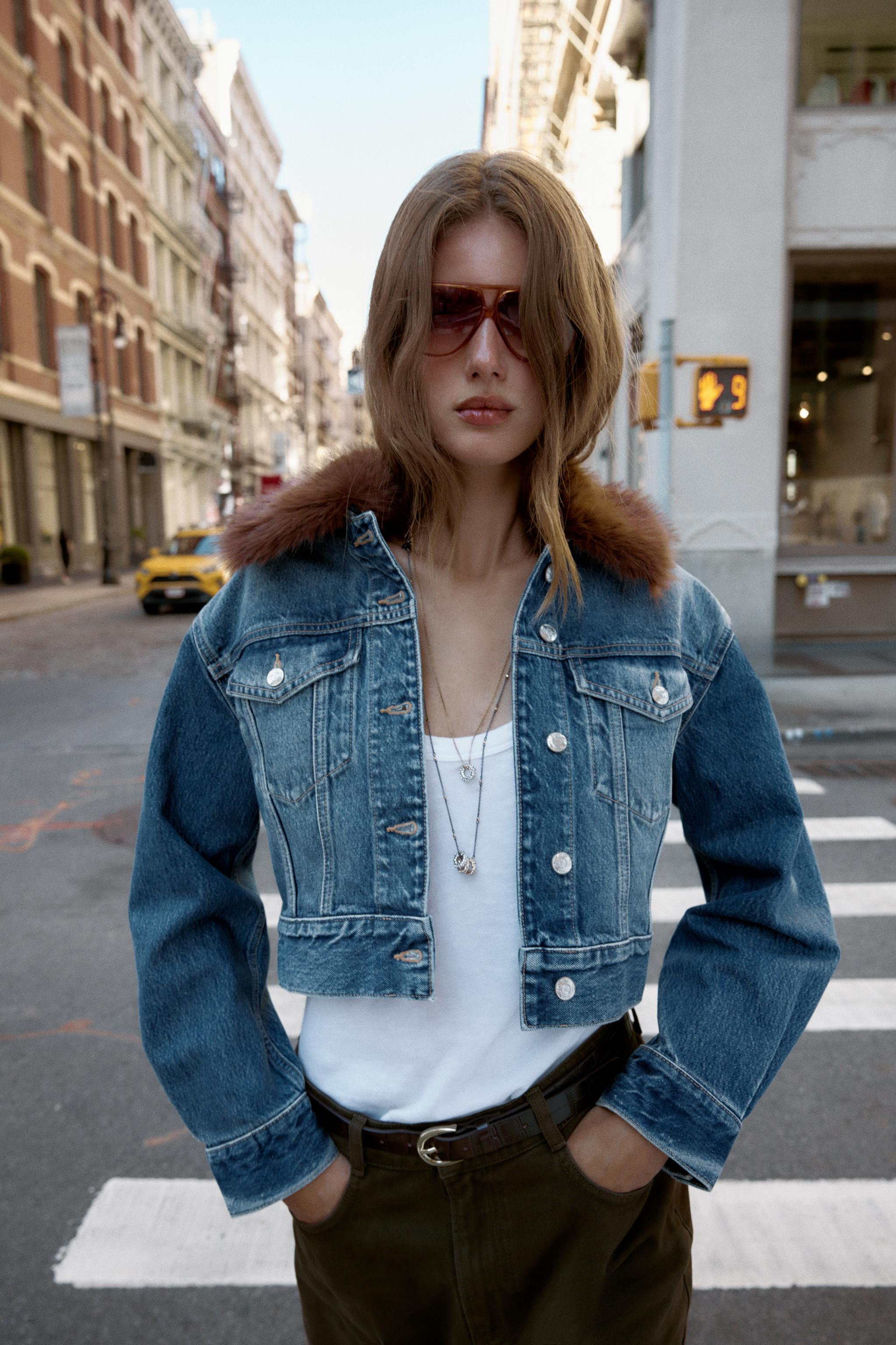Z1975 FAUX FUR LAPEL CROPPED DENIM JACKET | Zara US