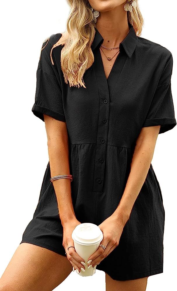 DEEP SELF Women's Summer Casual Short Sleeve Button Down Shorts Rompers V Neck Collared Jumpsuit ... | Amazon (US)