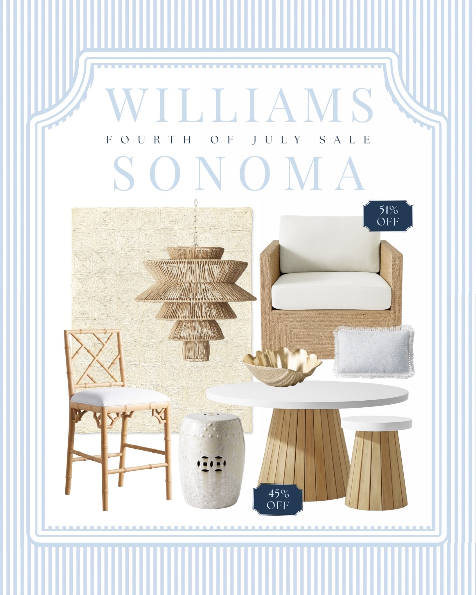 Williams Sonoma Home 4th of July Clearance 🧨🐚🐟 @williamssonoma 

The Williams Sonoma Fourth of July Sale is one of my favorite opportunities to save on luxury coastal furniture and home decor. 🤍 From woven accent chairs, Chippendale counter stools, and statement lighting to outdoor dining furniture, rugs, and decorative accessories, these are timeless pieces you’ll love for years. If you’ve been waiting to invest in beautiful seaside inspired furniture, now is the time 🤍

I’ve rounded up my favorite modern coastal home decor finds—including some pieces up to 51% off—all linked in my LTK!

#LTKHome #LTKSaleAlert