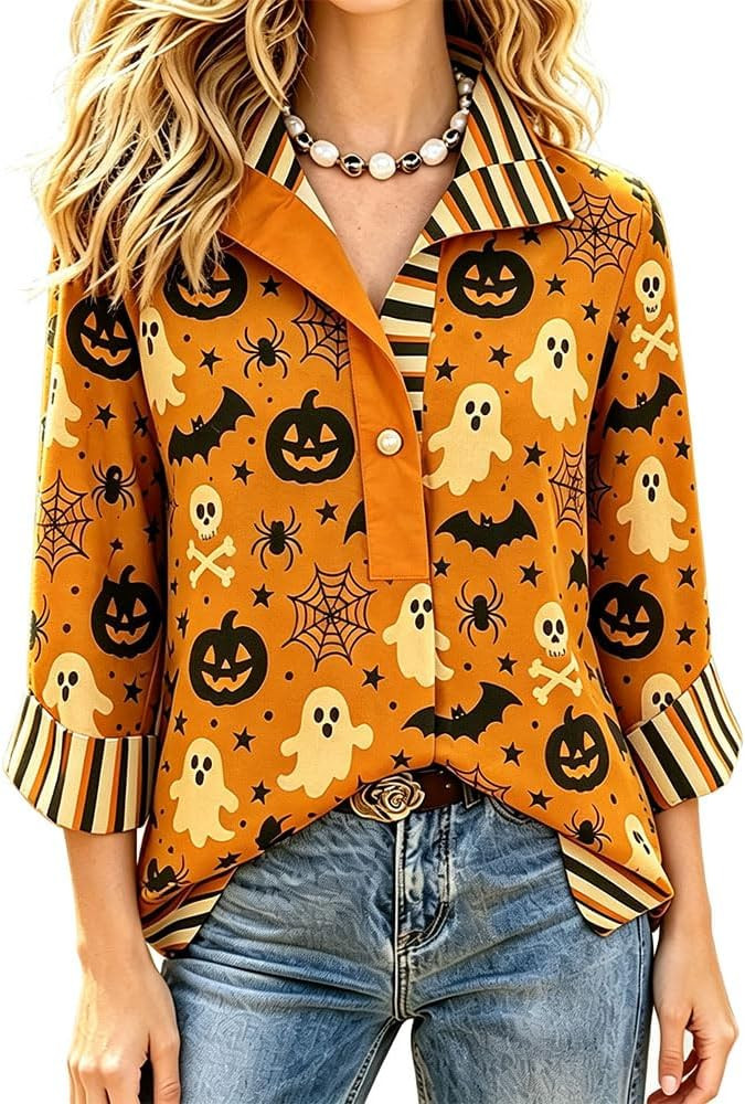 Women Halloween Ghost Pumpkin Print Striped Collar Blouse | Amazon (US)
