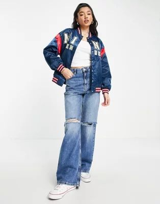 Bershka oversized logo detail satin bomber in navy | ASOS (Global)