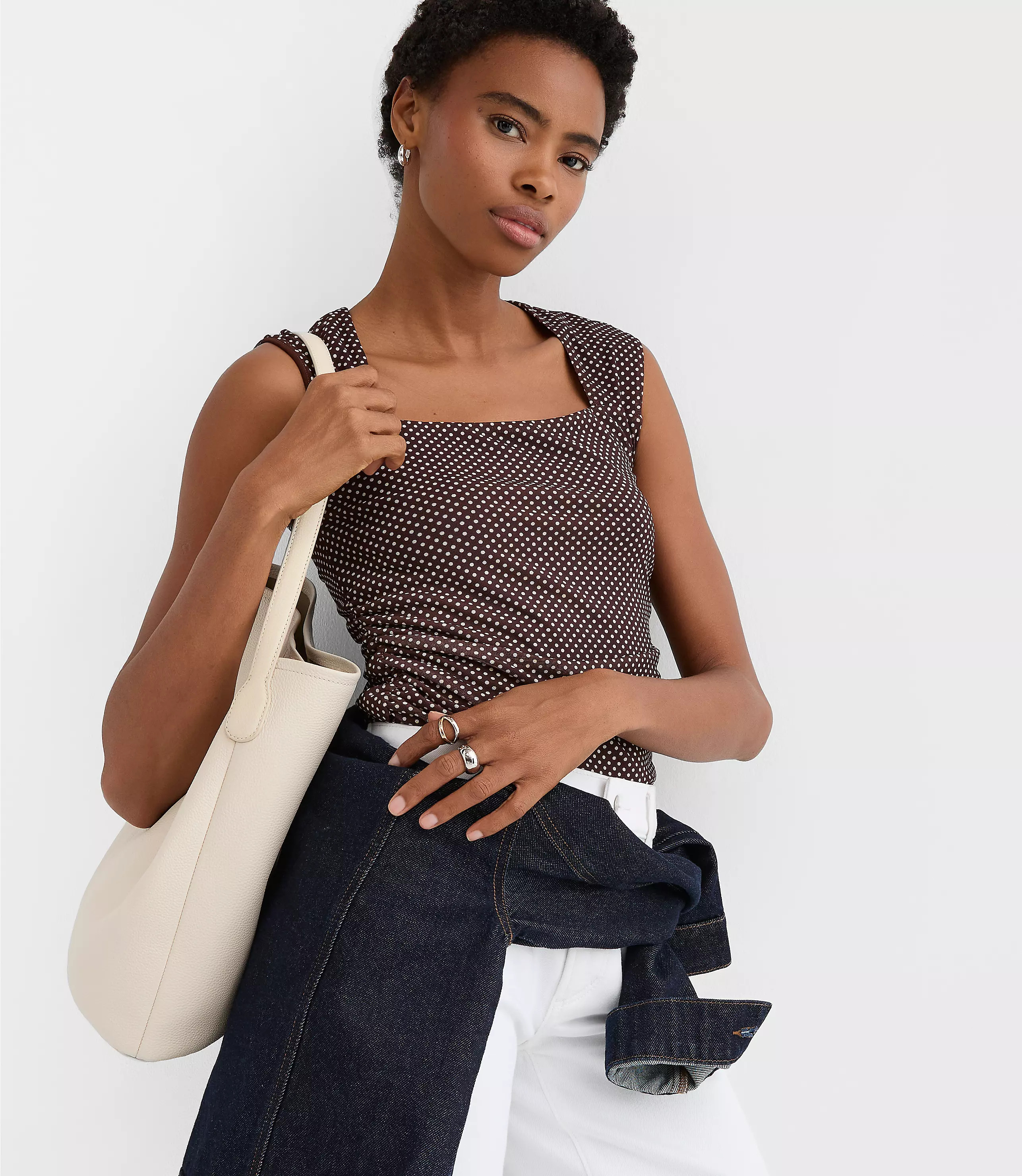 Pindot Mesh Ruched Square Neck Top | LOFT