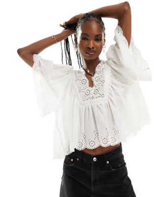 Free People broderie edge smock top in white | ASOS (Global)