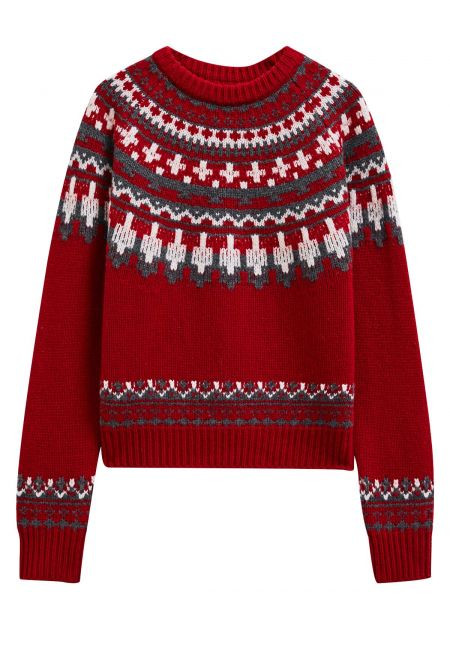 Nordic-Inspired Fair Isle Knit Sweater in Red | Chicwish