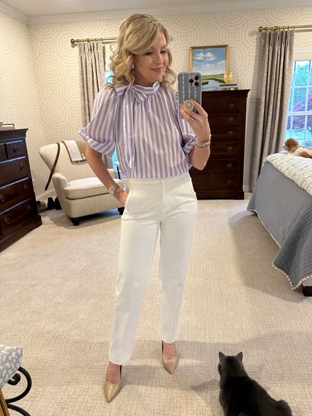 Wearing XS in the blouse and 0 regular in the pants. Both are on sale!
