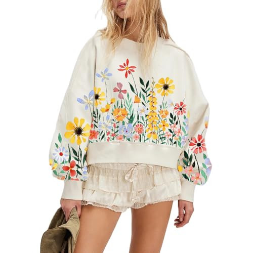 Yuemengxuan Women Crewneck Sweatshirts Y2k Graphic Hoodies Cropped Drop Shoulder Preppy Aesthetic Oversized Sweatshirt for Teen Girls, White, Large | Amazon (US)