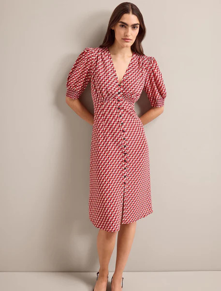 Julietta Silk Short Dress - Blush Burgundy Lips Print | Cefinn