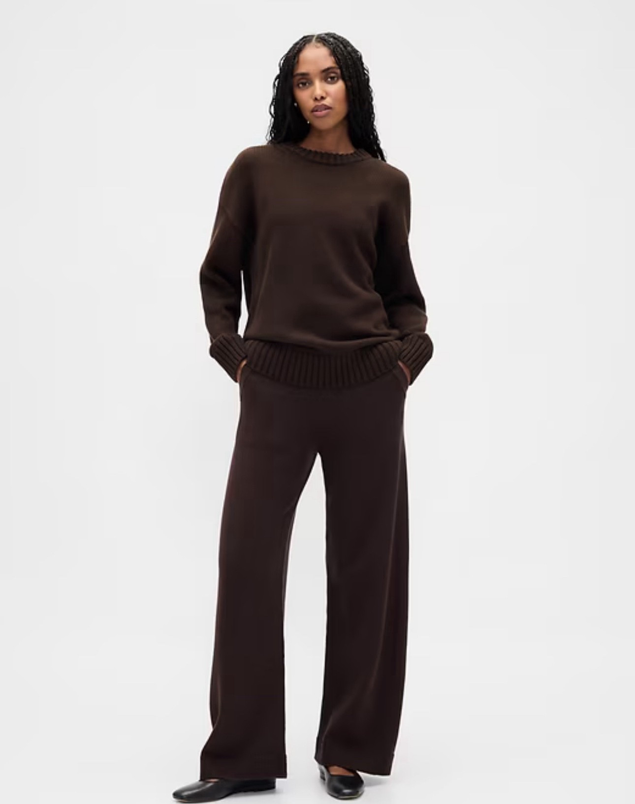 Chocolate brown sweater and sweater pants for a luxe look
