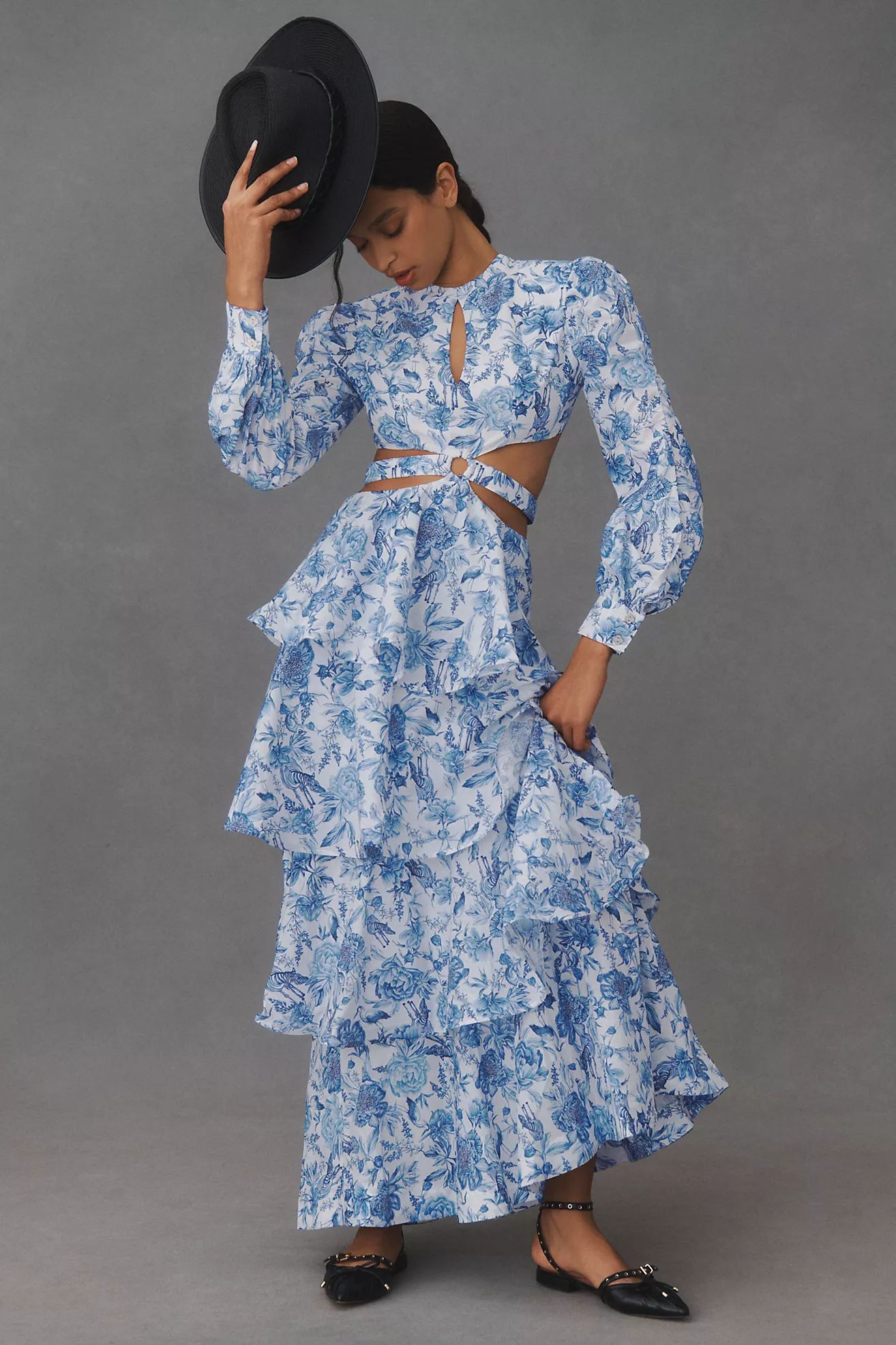 Aqua Blu Azalea Thelma Long-Sleeve Cutout Tiered Maxi Dress | Anthropologie (US)