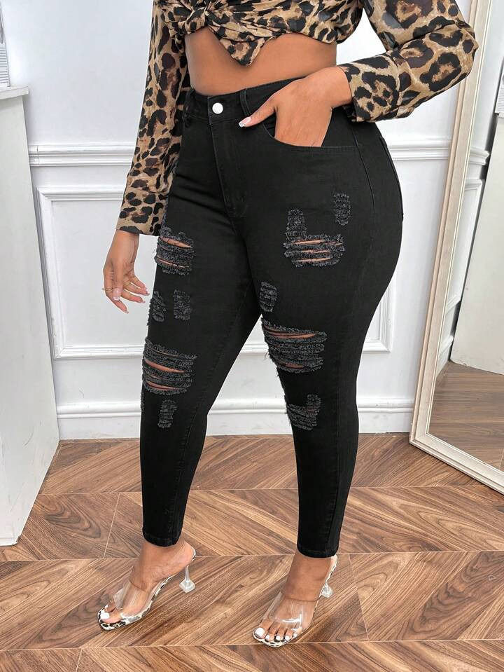 SHEIN SXY Plus High Waist Ripped Skinny Jeans | SHEIN