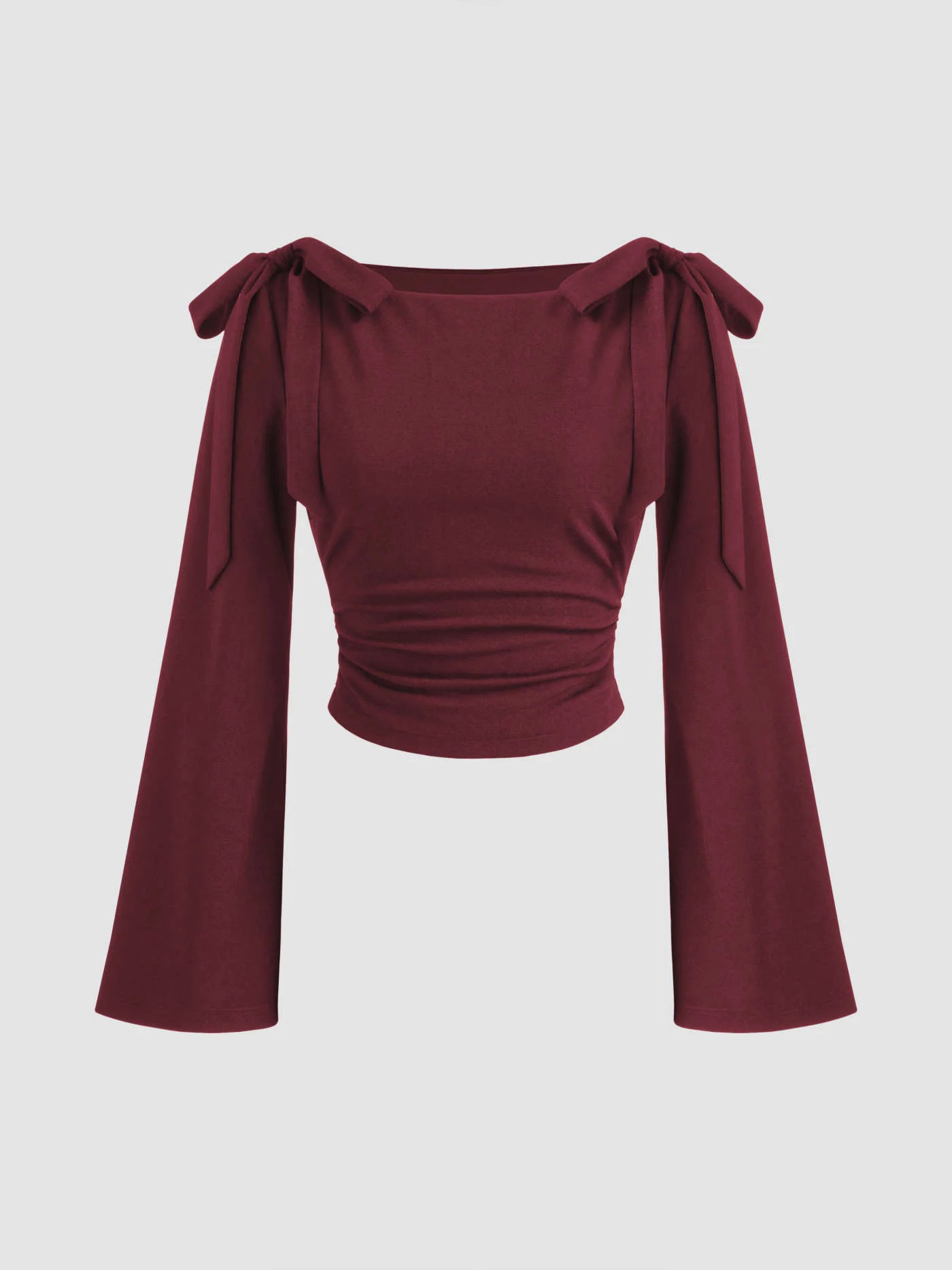 Boat Neck Bowknot Ruched Long Sleeve Top | Cider