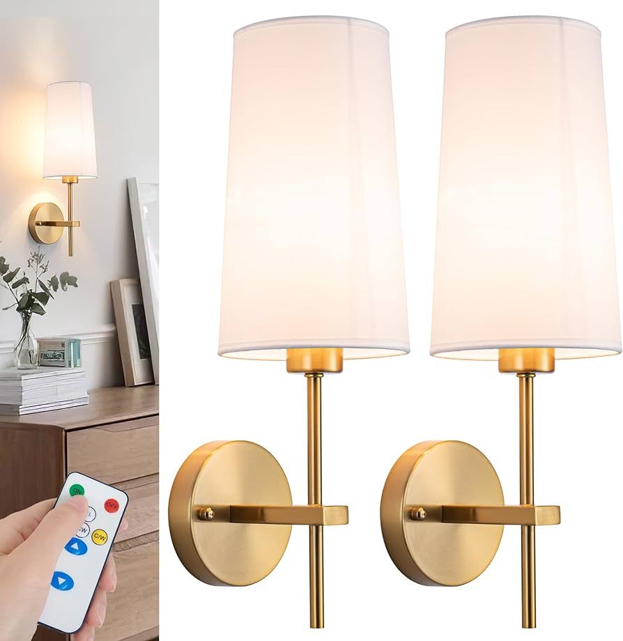 Battery Operated Wall Sconce Set of 2, Wireless Dimmable Battery Powered Wall Lamp with Remote Co... | Amazon (US)