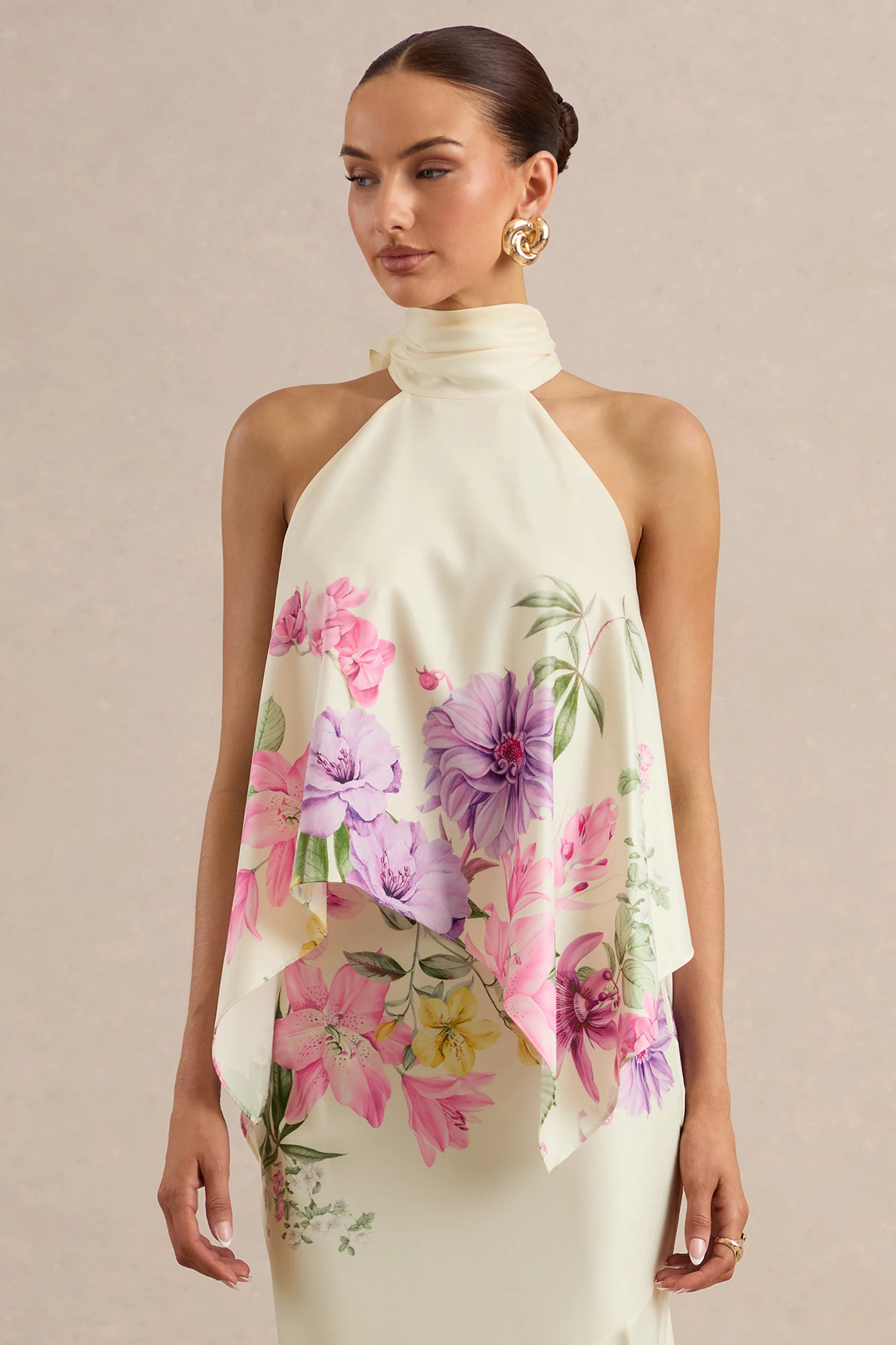 Sancelle | Cream Border Floral Print Matte Satin Halter-Neck Top | Club L London