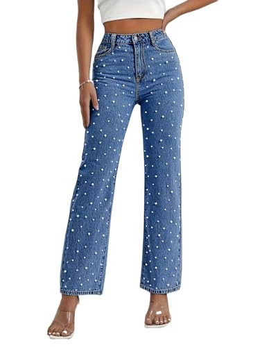 EZAPINE Pearl Jean Pants for Women Straight Leg High Waist Stretch Pearl Beaded Slim Fit Denim Pants Navy Blue | Amazon (US)