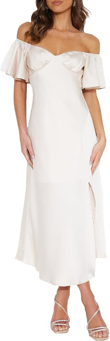 2023 Summer Women's Satin Off Shoulder Formal Dress Wedding Guest Elegant Butterfly Sleeve Split ... | Amazon (US)