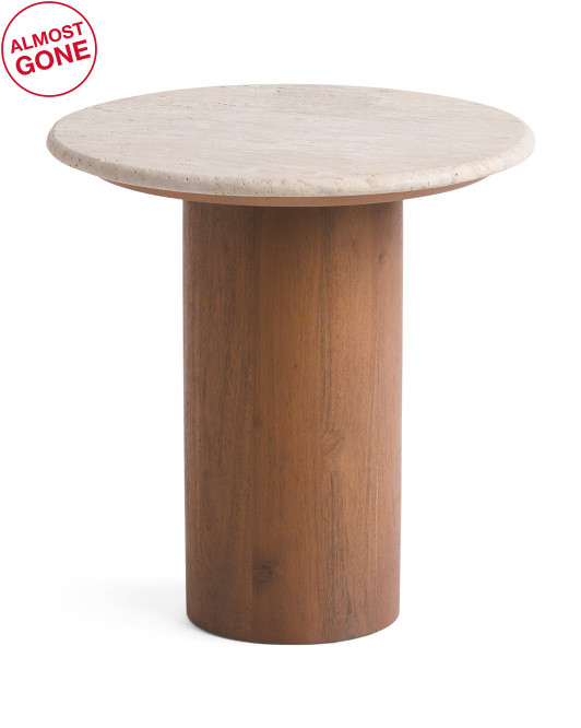 19in Wood And Travertine Side Table | TJ Maxx