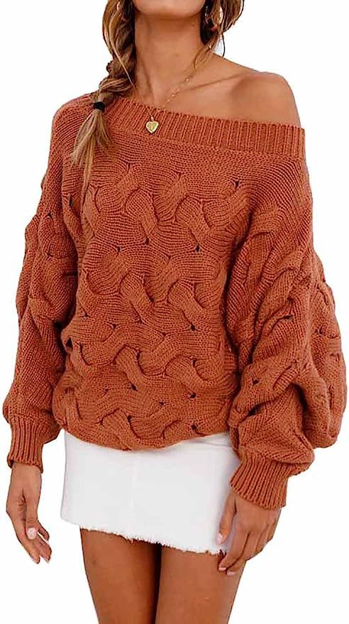 Huaxiafan Women's Casual Sexy Off Shoulder Loose Batwing Sleeve Pullover Sweater Knit Jumper | Amazon (US)