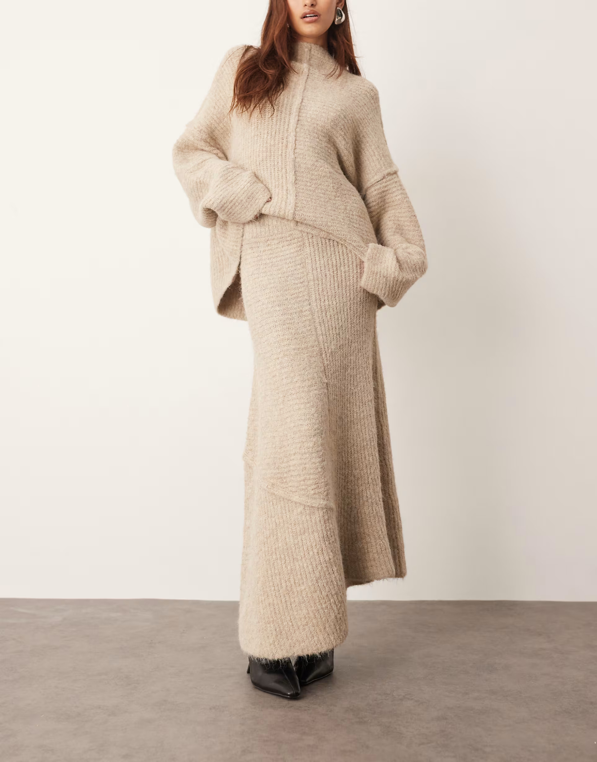 ARRANGE contrast stitch knit exposed seam midi skirt in taupe - part of a set | ASOS (Global)