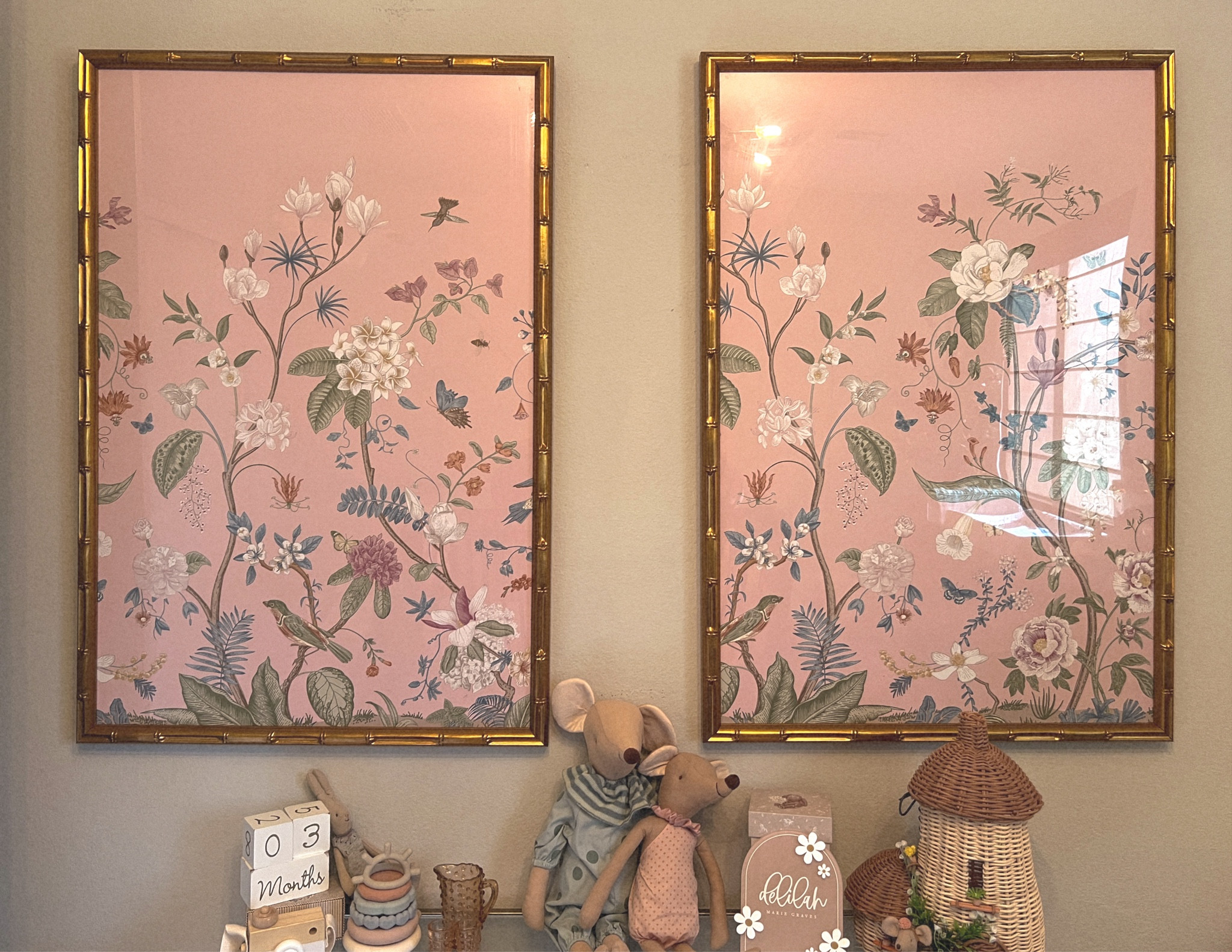 These hand painted chinoiserie posters were the first thing I found for the nursery in the early planning stages. After falling in love with their femininity, I designed the entire room around them! With custom gold bamboo frames, these are a highlight of a little girls room. 

Painting, art work, wall art, wall decor, nursery decor, nursery design, girls room, baby girl, girl nursery, newborn, pink nursery, green nursery, elegant nursery, baby toys, kids toys, easter prints, etsy, 

#LTKbaby #LTKSeasonal #LTKhome