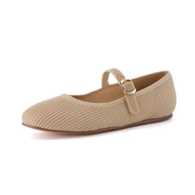 CUSHIONAIRE Women's Petal Mary Jane Knit Flat – Stretchy Textured Fabric, Adjustable Strap, Memory Foam Beige Knit 10 | Target