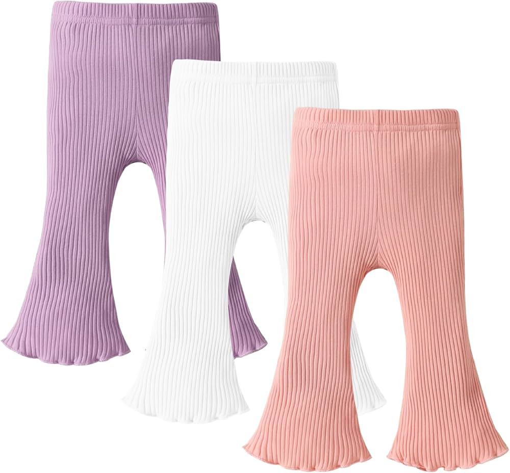 3 Pack Baby Girl Pants Toddler Leggings Baby Flare Pants Baby Solid Ribbed Pants Toddler Bell Bot... | Amazon (US)